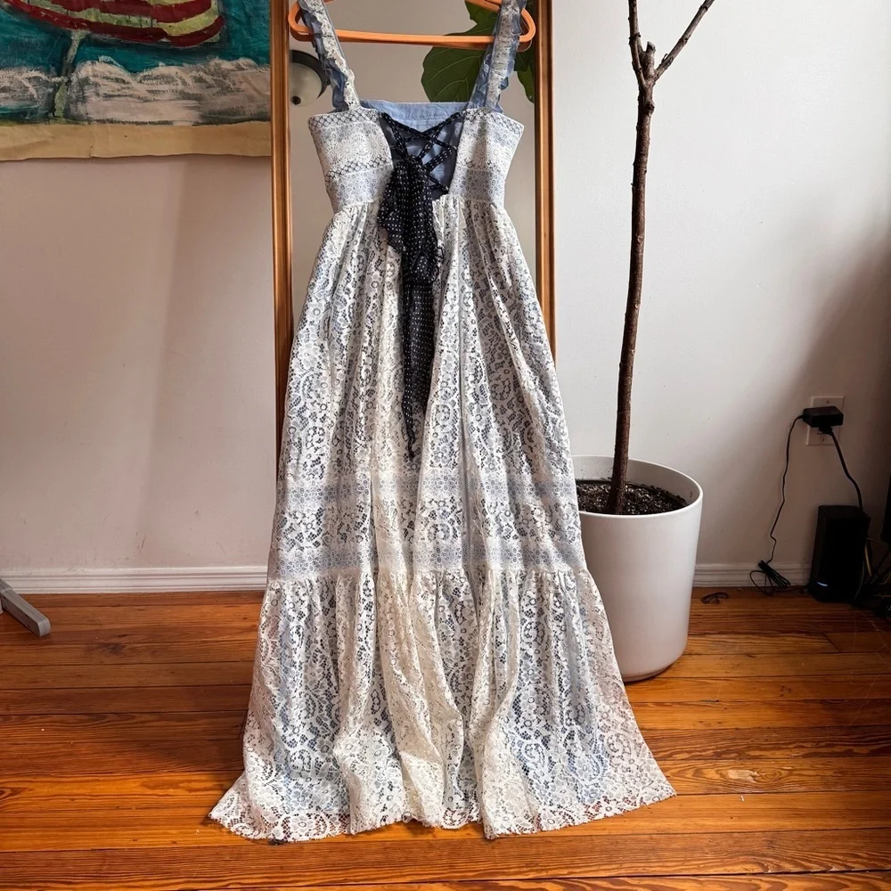 Rebecca Taylor Blue White Lace Maxi dress Lace up Back Size 2 - Picture 2 of 3